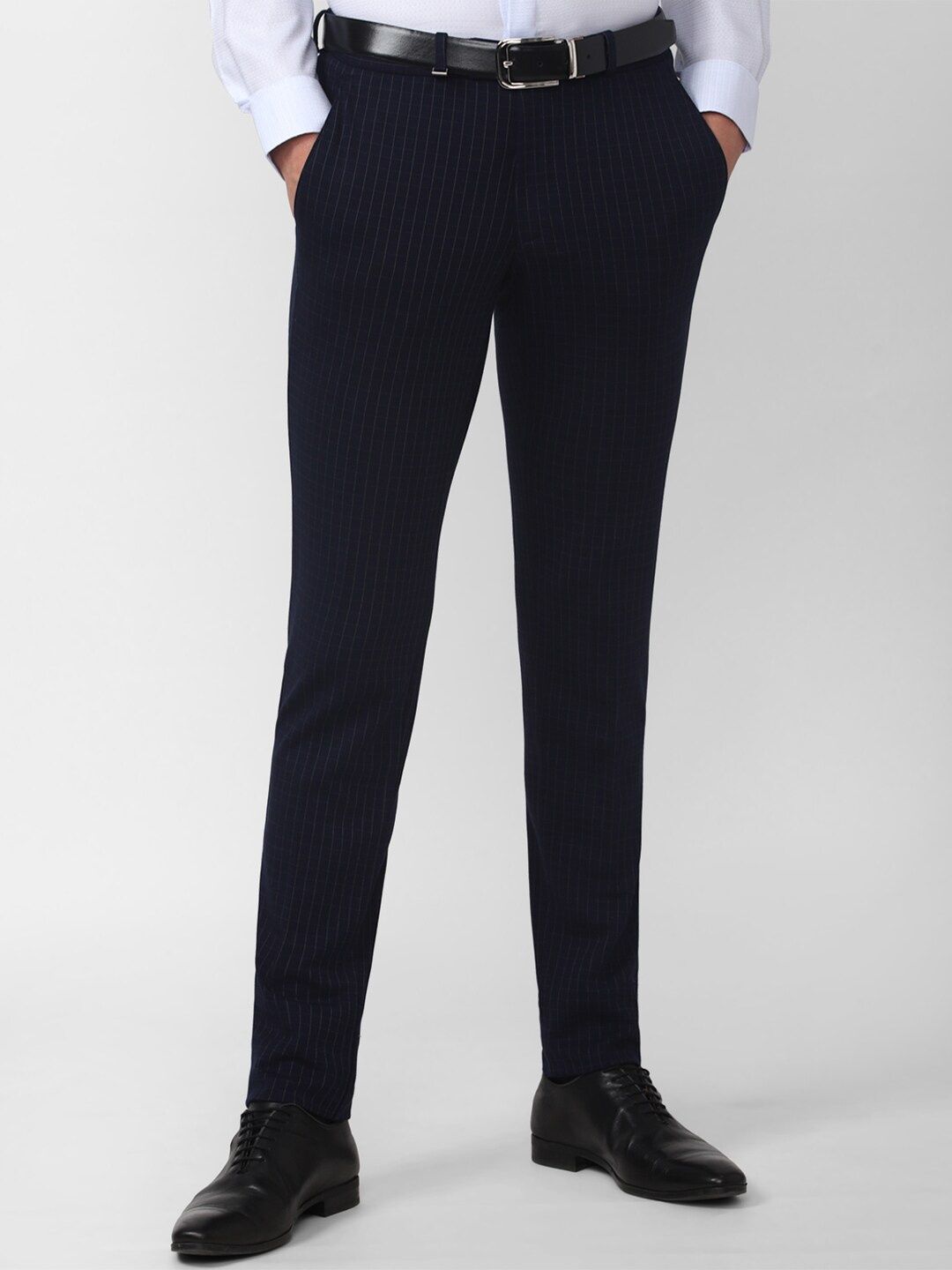 

Van Heusen Men Navy Blue Striped Slim Fit Formal Trousers