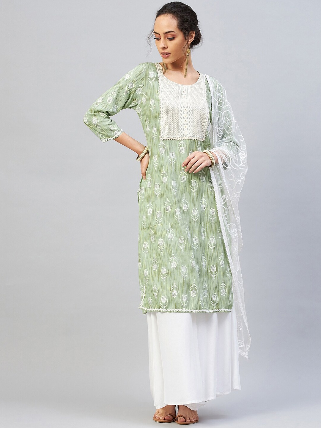 

InWeave Women Green Floral Embroidered Kurta with Palazzos & With Dupatta