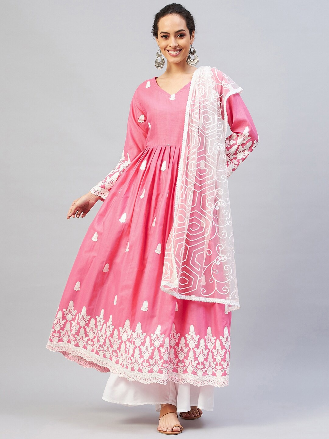 

InWeave Women Pink Floral Embroidered Pure Cotton Kurta with Palazzo With Dupatta