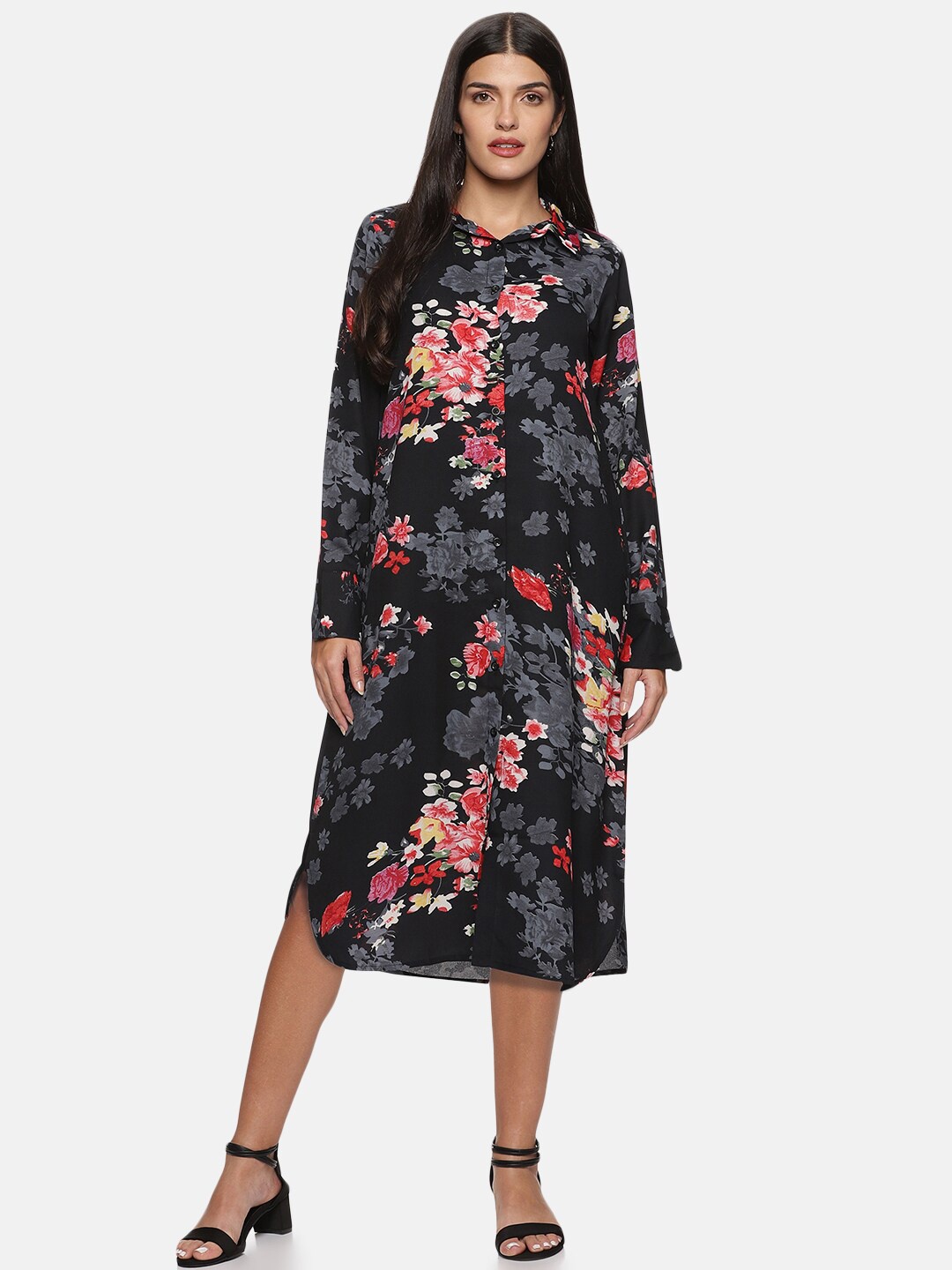 

SAHORA Black Floral Crepe A-Line Midi Dress