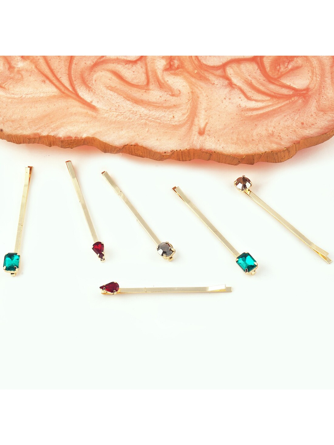 

BELLEZIYA Women Set of 6 Gold-Toned & Blue Embellished Alligator Hair Clips