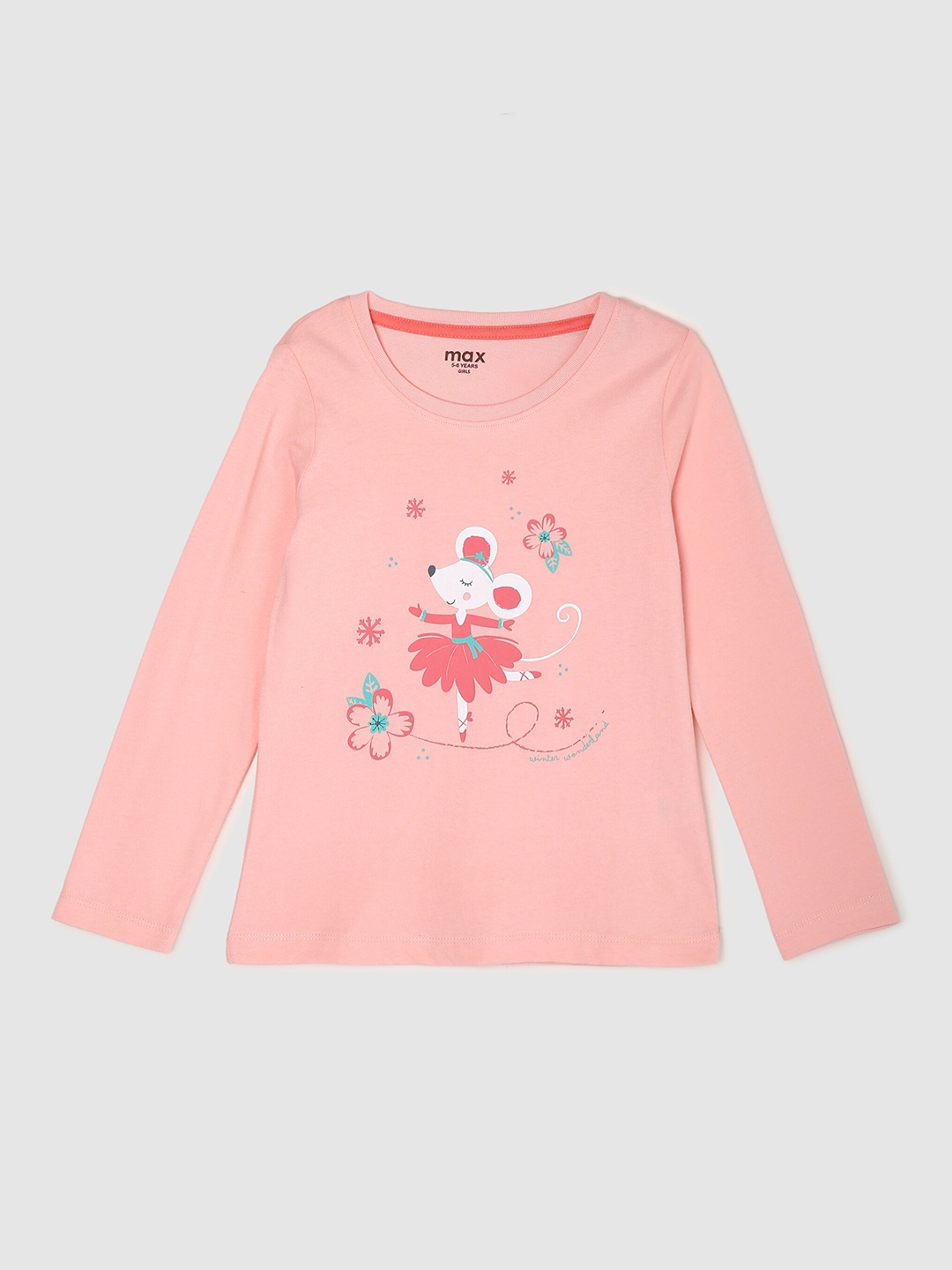 

max Girls Peach-Coloured Printed Pure Cotton T-shirt