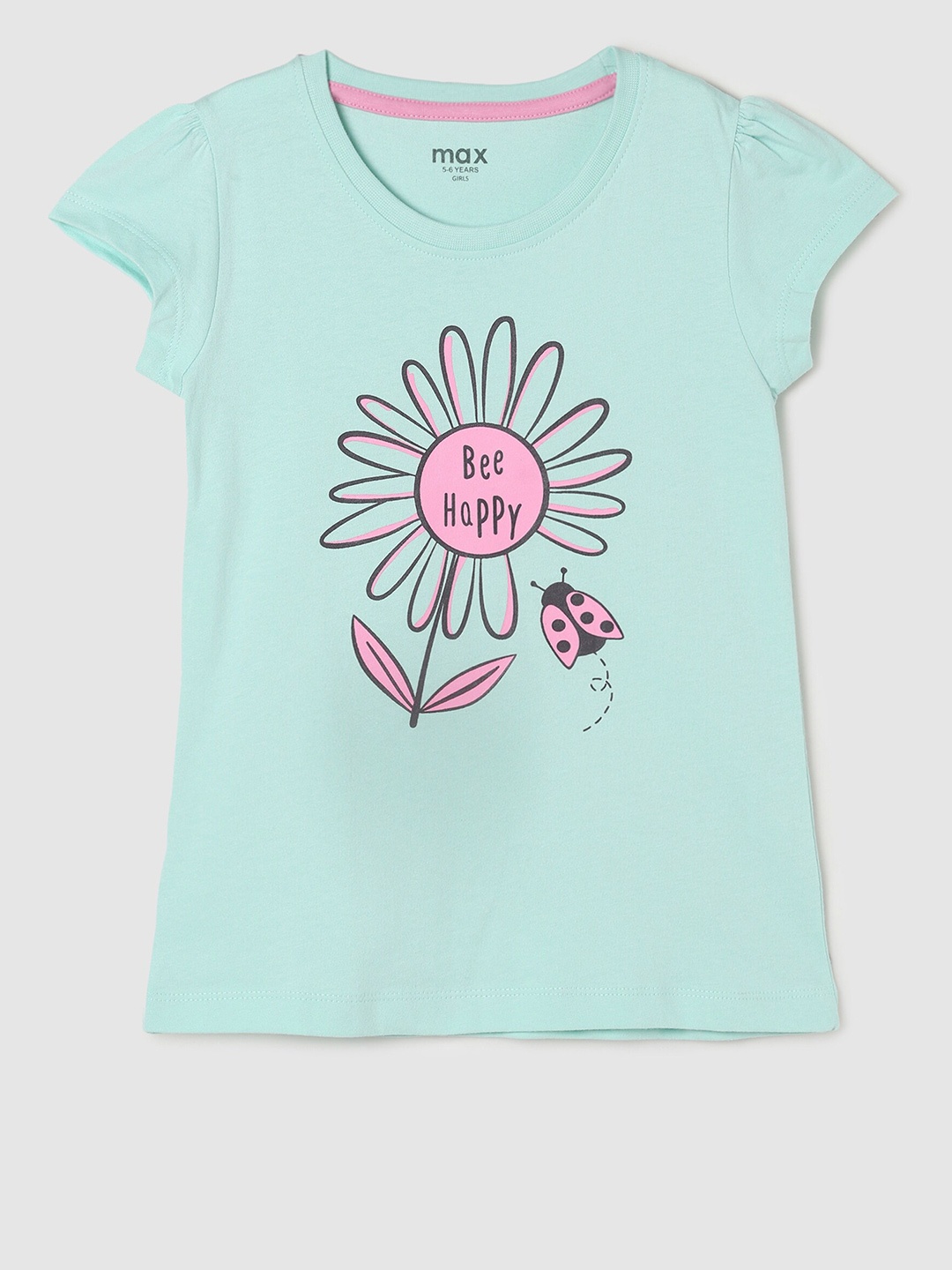 

max Girls Sea Green Printed Pure Cotton T-shirt