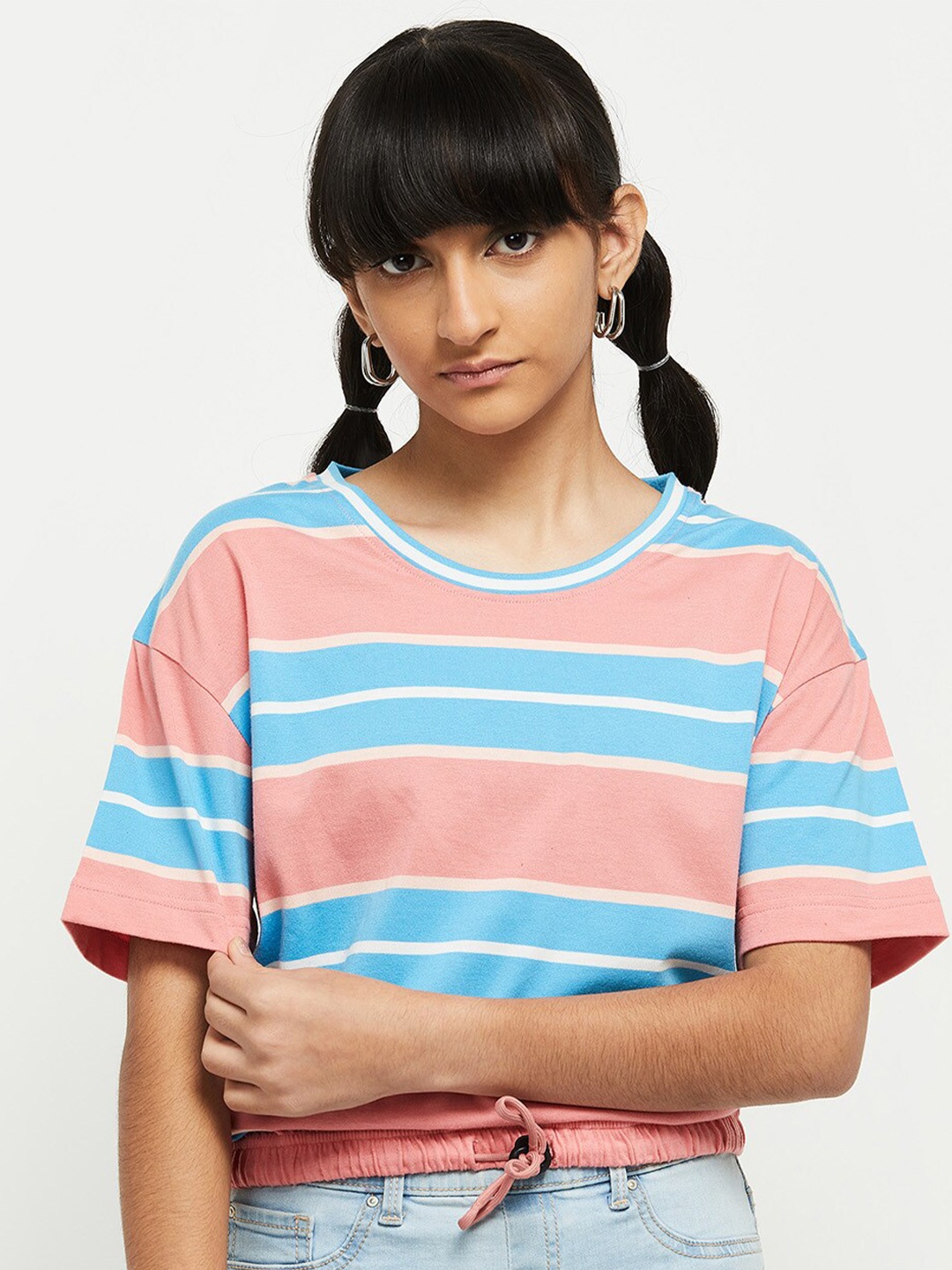 

max Girls Pink Striped Pure Cotton T-shirt