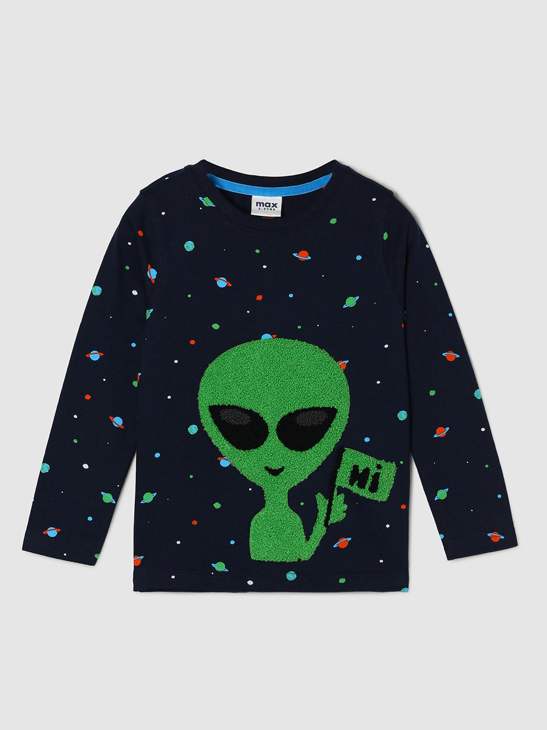 

max Boys Blue Printed Pure Cotton Applique T-shirt, Navy blue