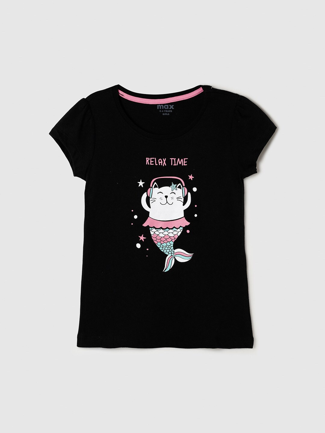 

max Girls Black Printed Pure Cotton T-shirt