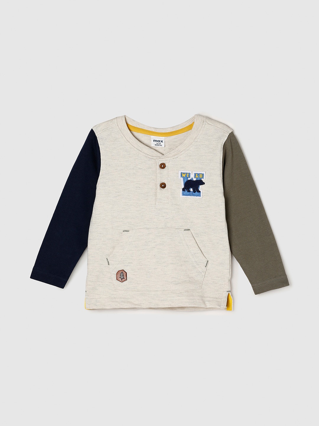 

max Boys Grey & Black Colourblocked Henley Neck Pure Cotton T-shirt