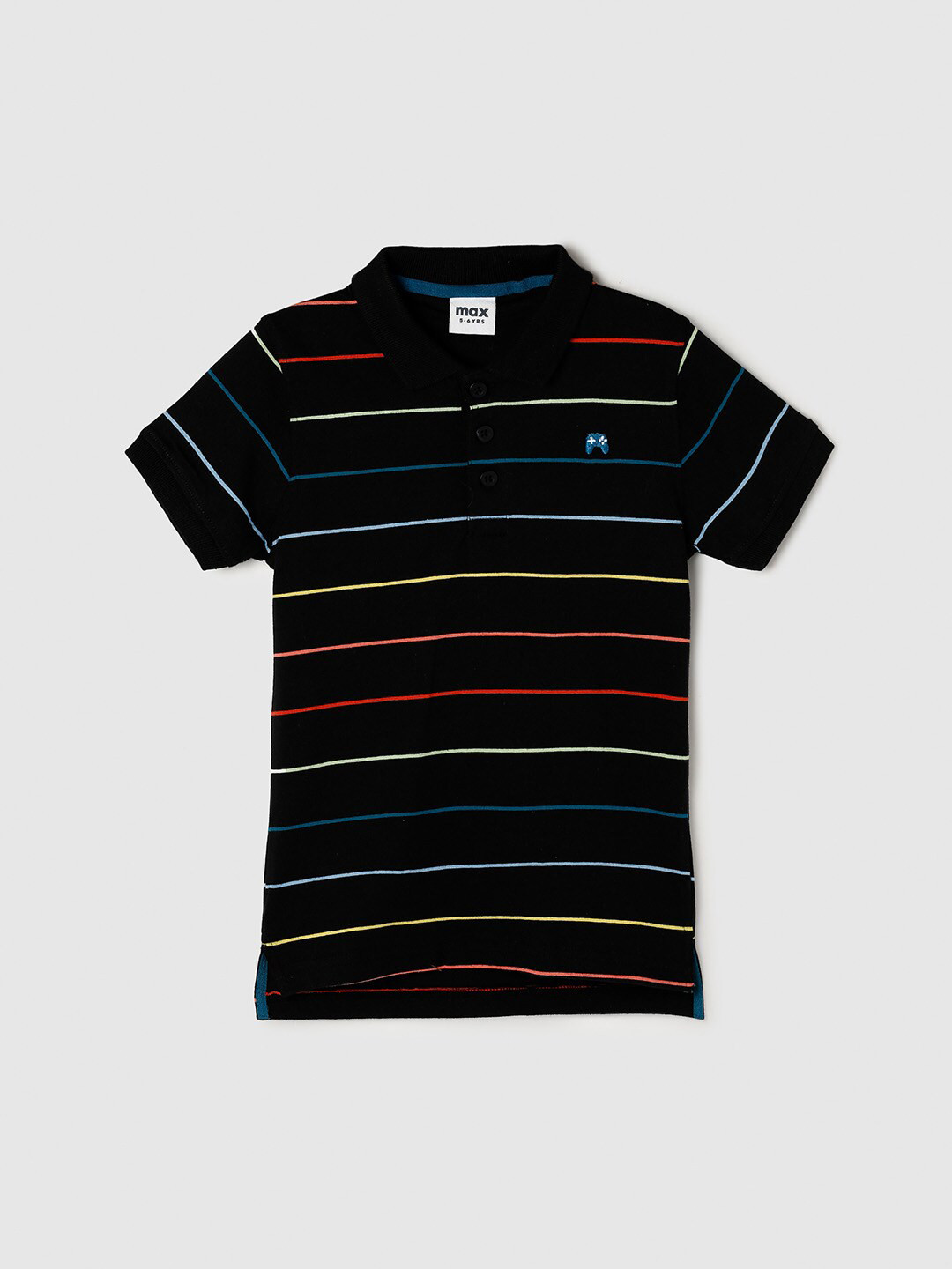 

max Boys Black Striped Henley Neck Drop-Shoulder Sleeves Pure Cotton T-shirt