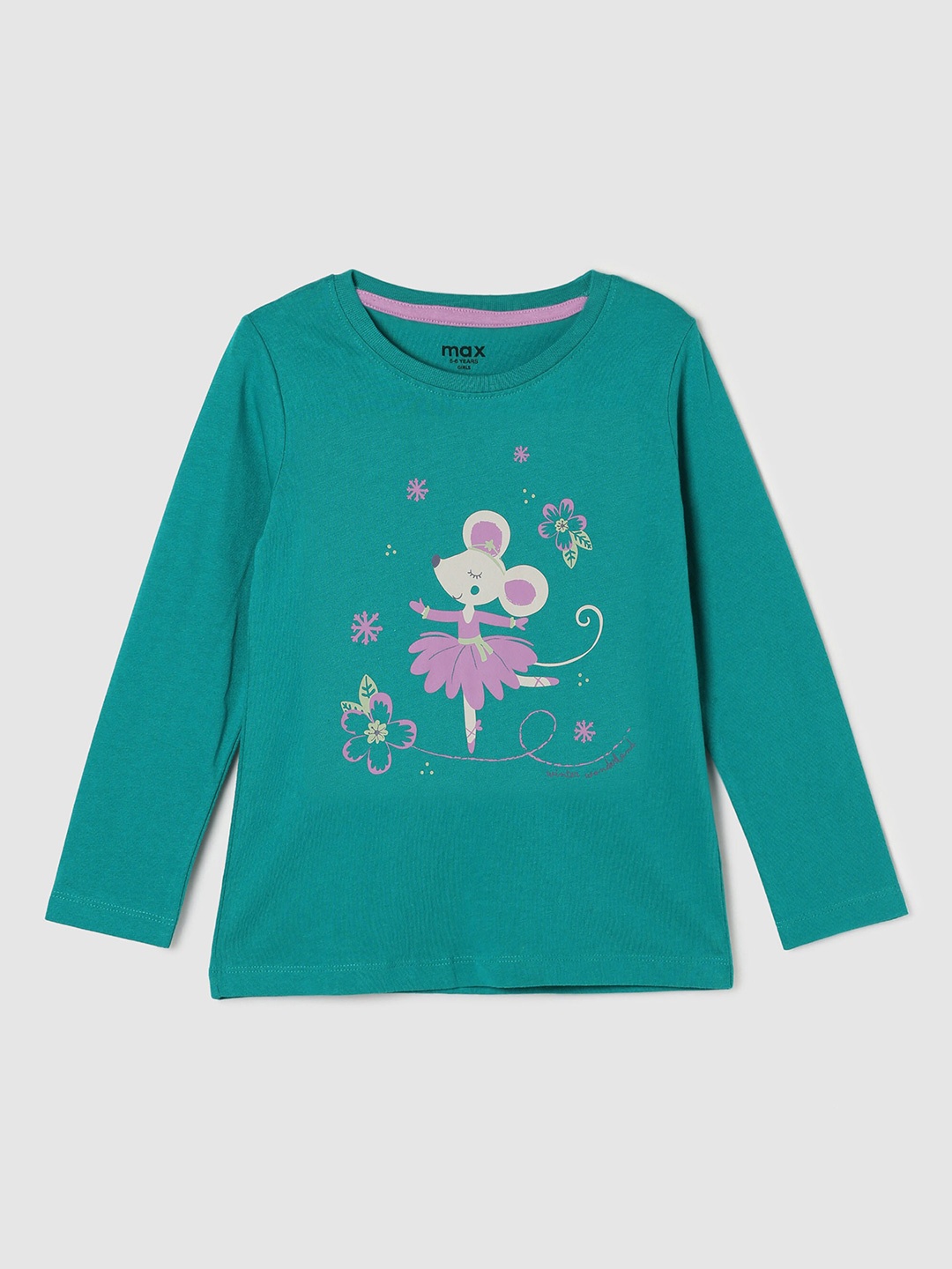 

max Girls Green Printed Pure Cotton T-shirt