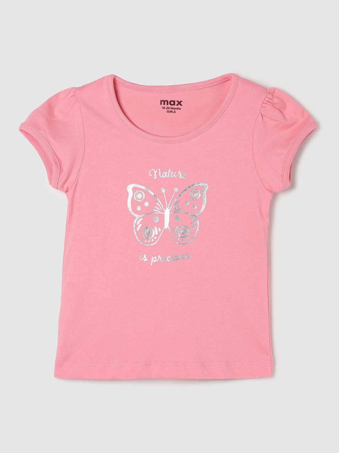 

max Girls Coral Typography Printed Extended Sleeves Pure Cotton T-shirt