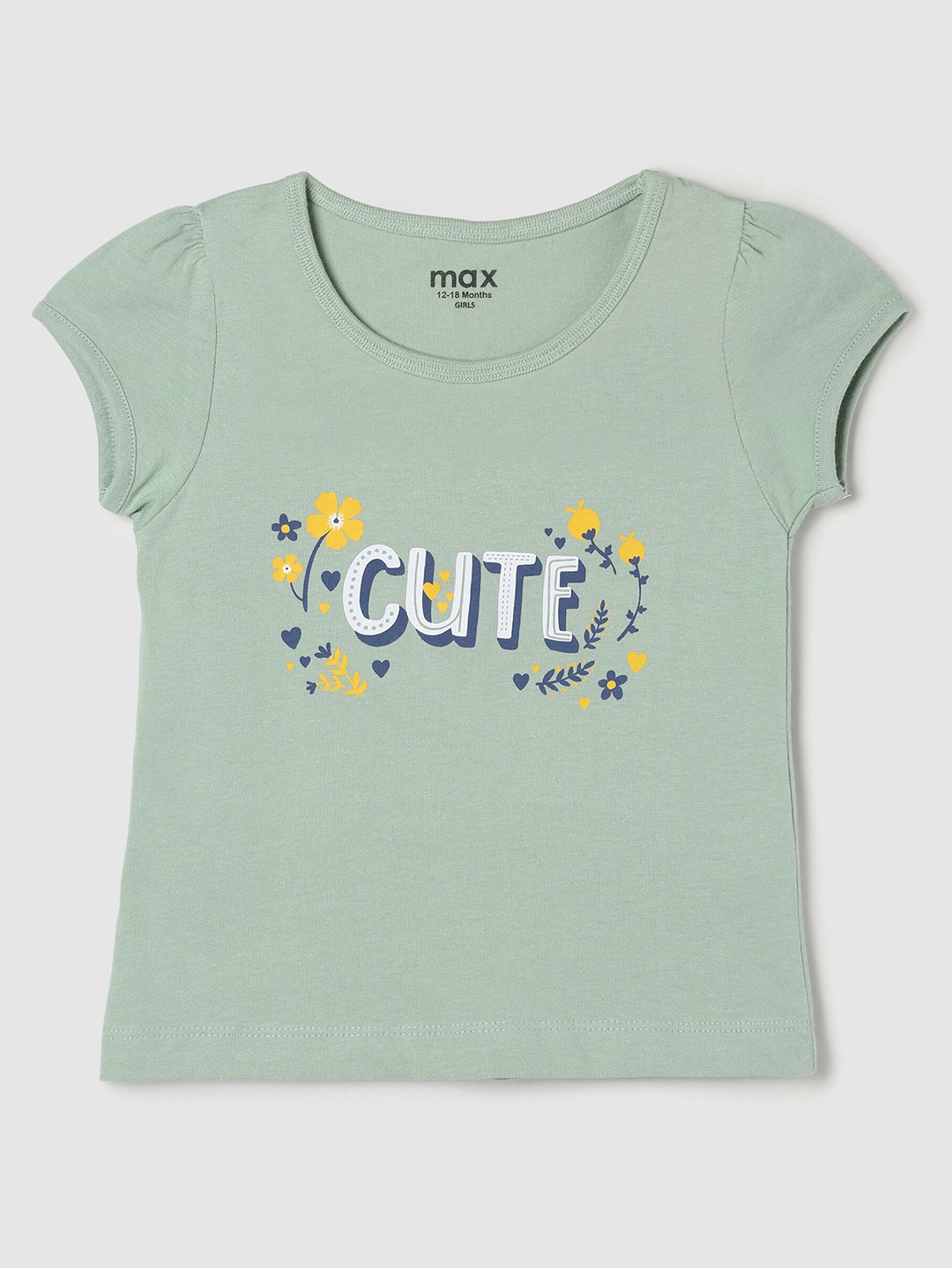 

max Girls Green Typography Printed Pure Cotton T-shirt
