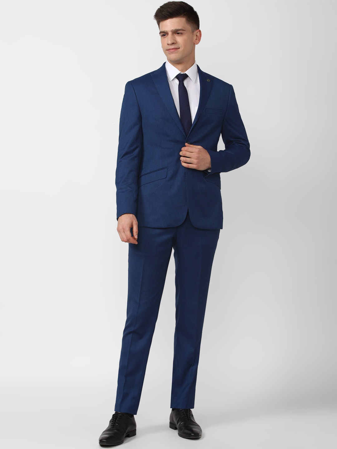 

Peter England Elite Men Navy Blue Self-Design Slim-Fit Single-Breasted Two-Piece Formal Suit