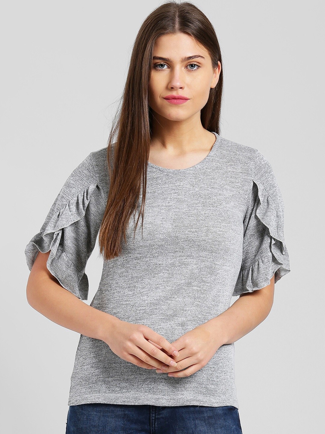 

Be Indi Women Grey Solid Ruffle-Sleeves Top