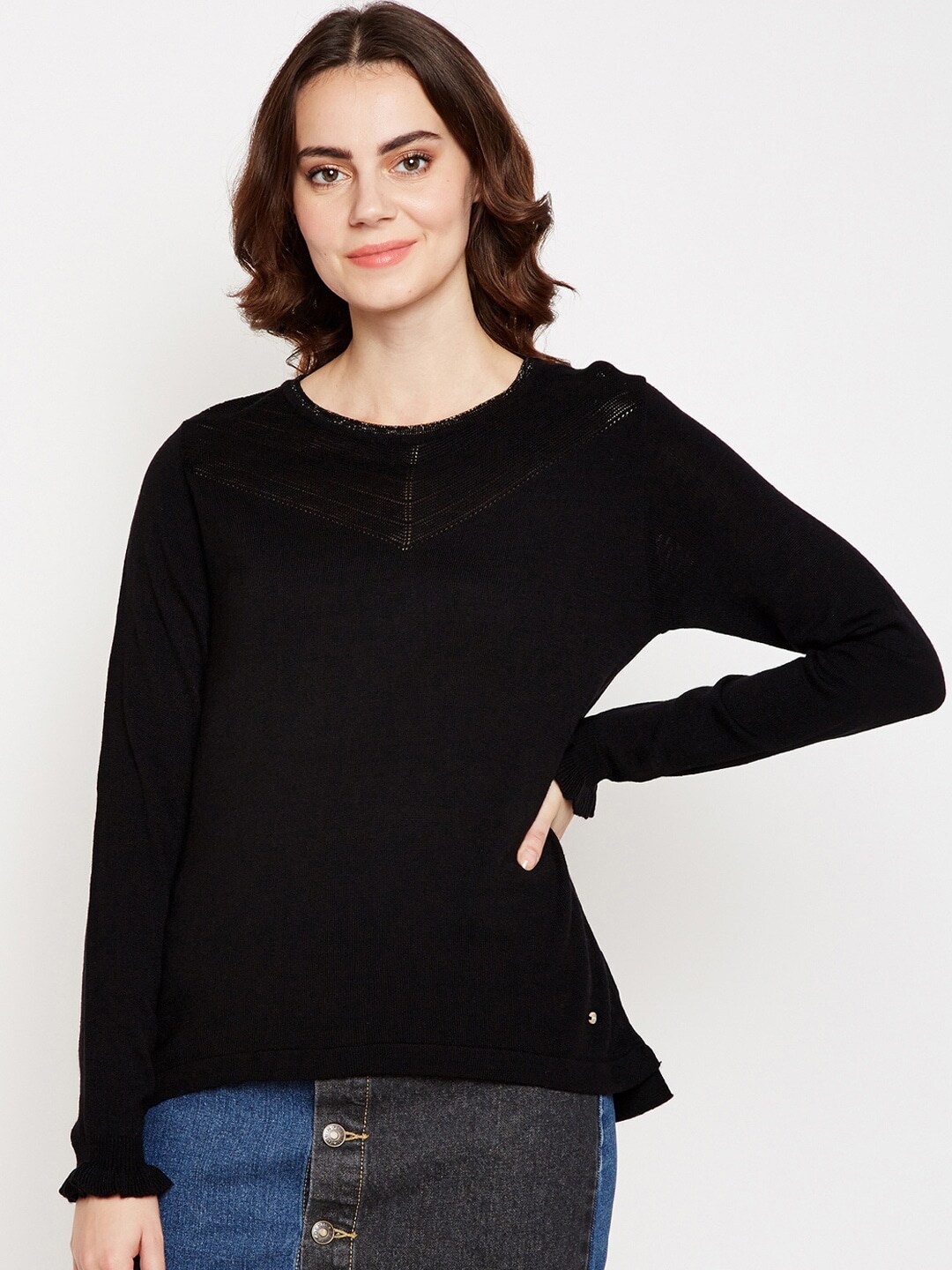 

Be Indi Women Black Solid Round Neck Flat Knit Top