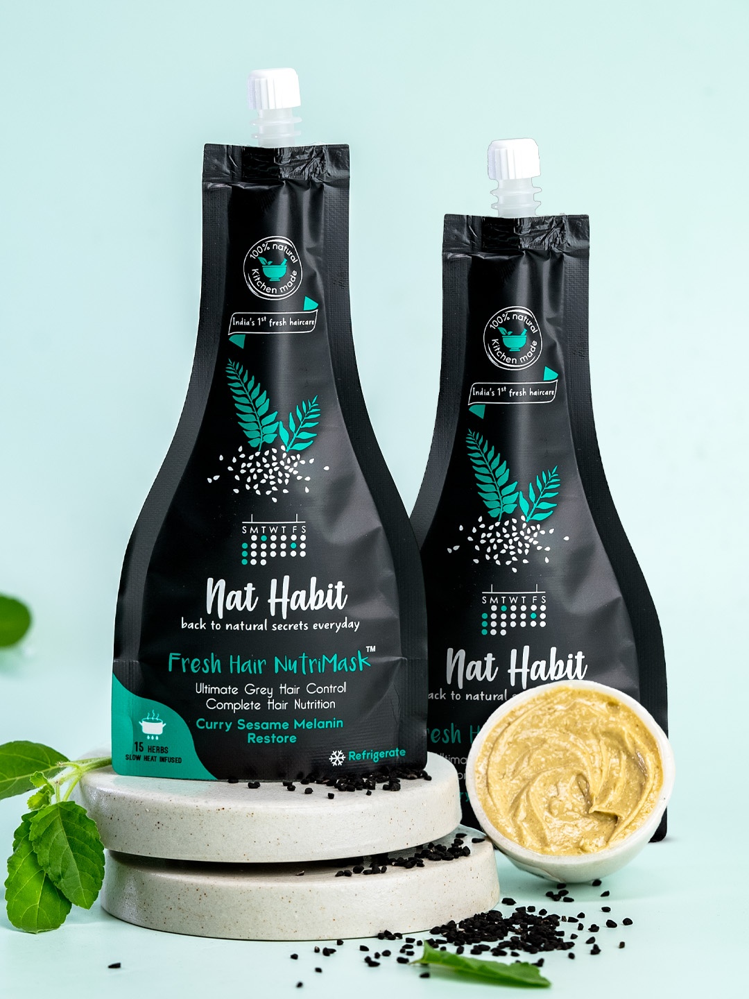 

Nat Habit Set of 2 Curry Sesame Fresh Hair NutriMask For Grey Hair Control - 40g Each, Green