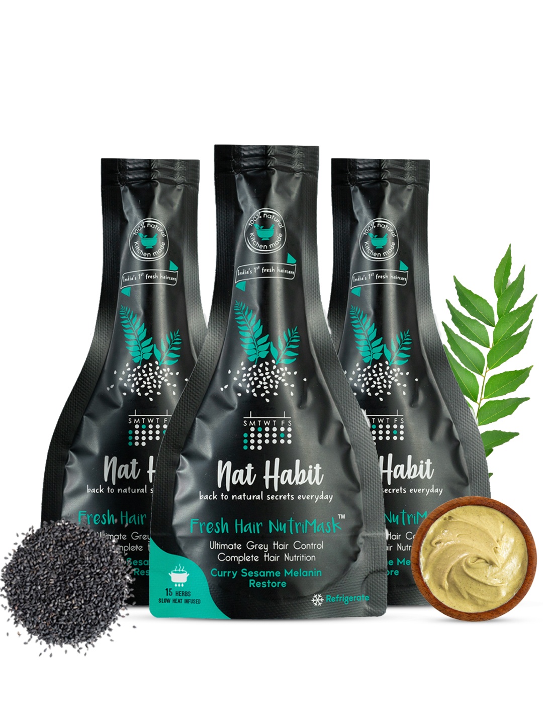 

Nat Habit Set of 3 Curry Sesame Fresh Hair NutriMask For Grey Hair Control - 40g Each, Green