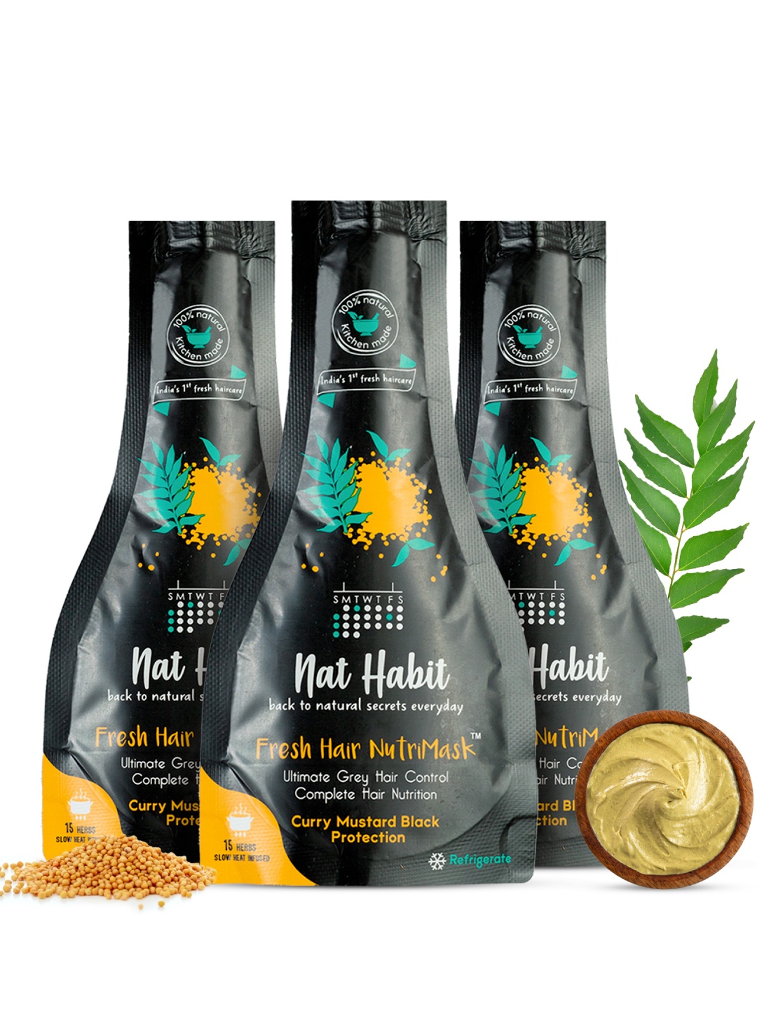 

Nat Habit 3Pcs Curry Mustard Hair Mask with Methi & Mustard Oil for Frizzy Hair - 40g each, Yellow