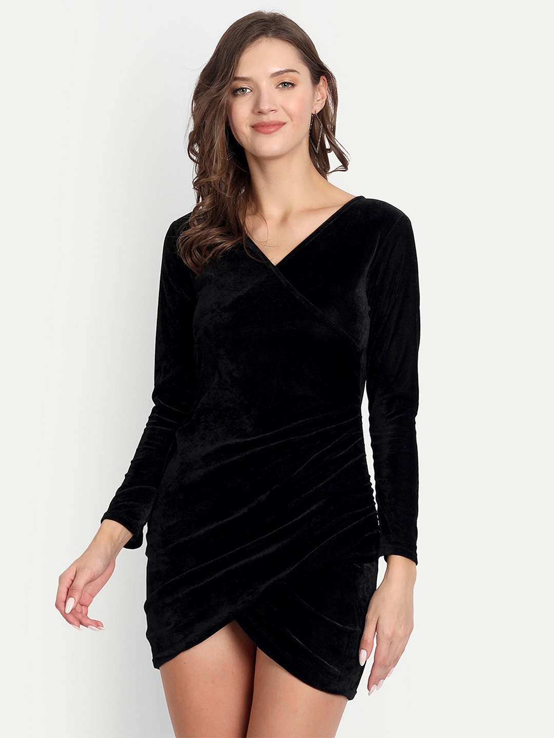 

D 'VESH Black Velvet Bodycon Fitted Wrap Dress