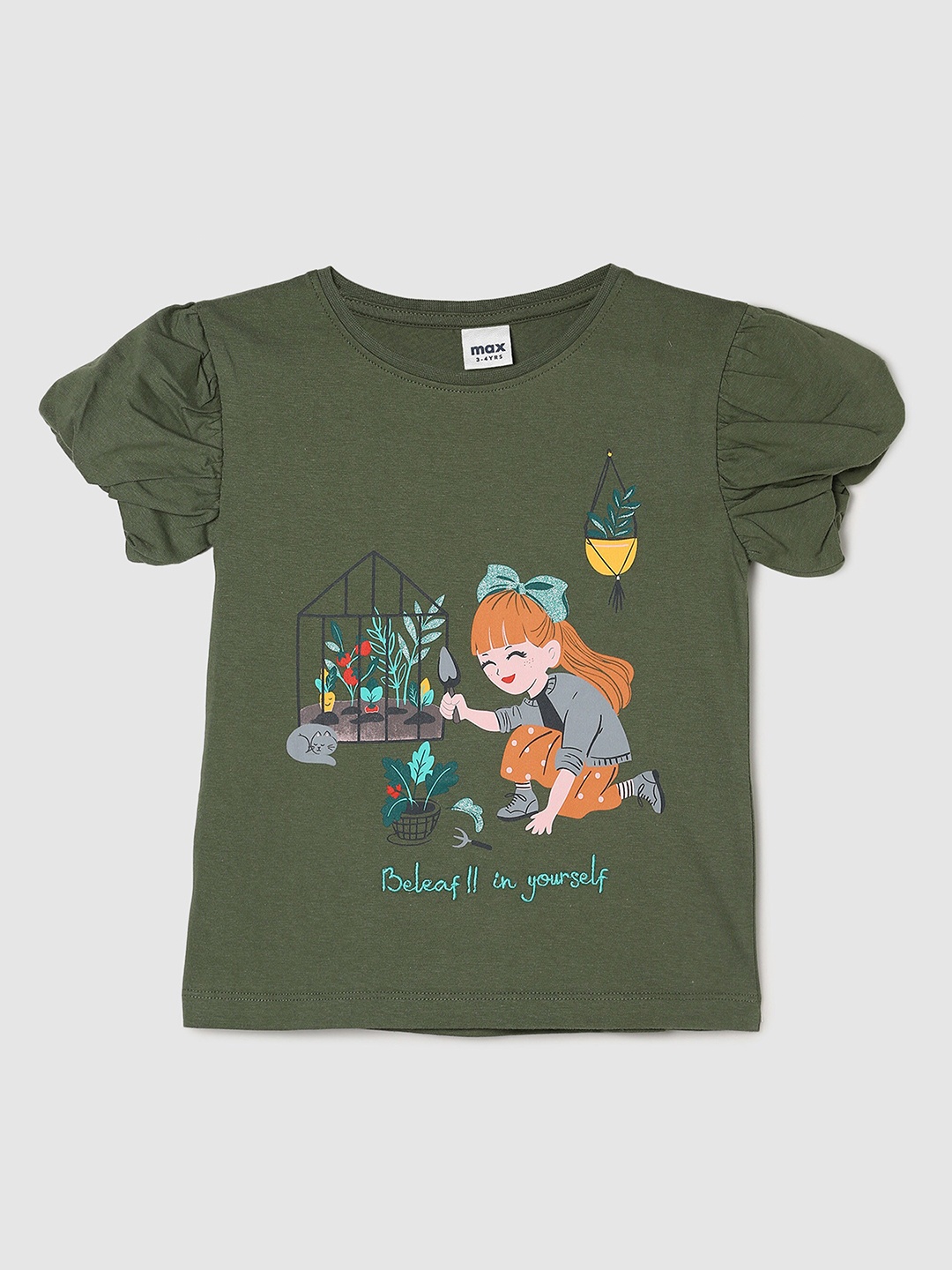 

Max Girls Olive Green Printed Pure Cotton Top