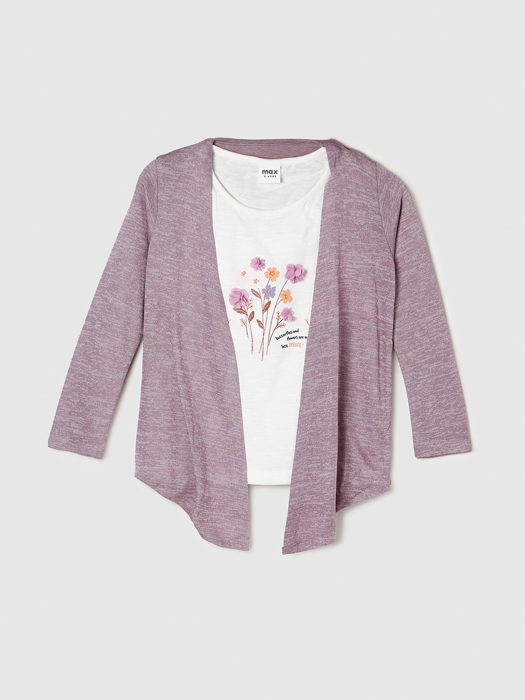 

Max Girls Cream-Coloured & Purple Floral Printed Pure Cotton Layered Top