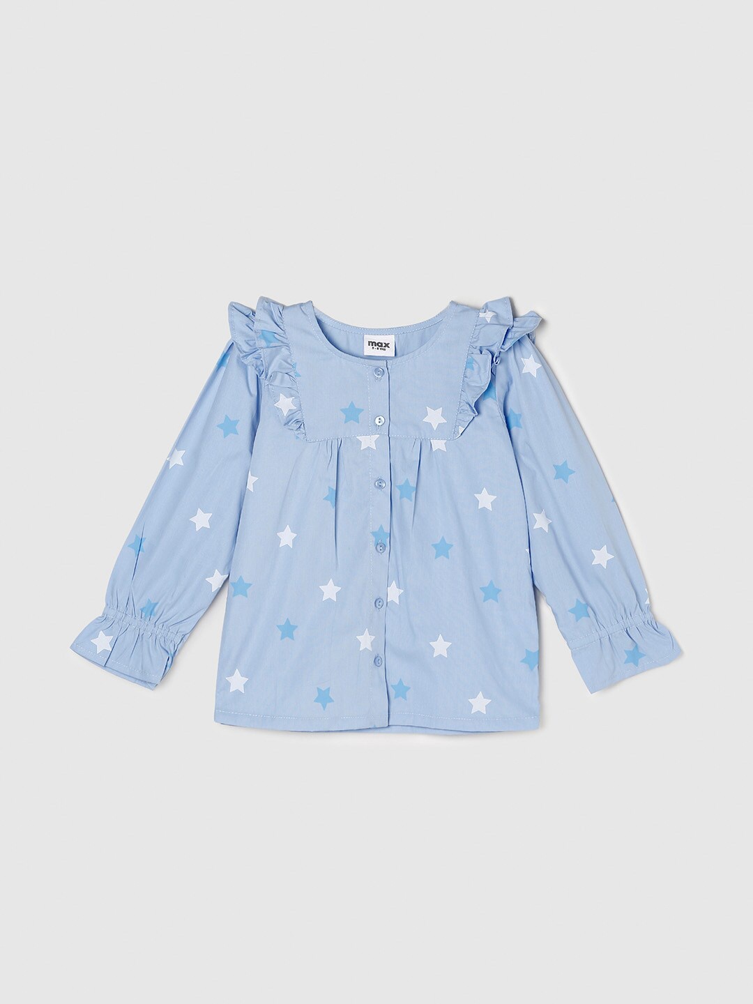

Max Girls Blue & White Pure Cotton Printed Ruffles Shirt Style Top