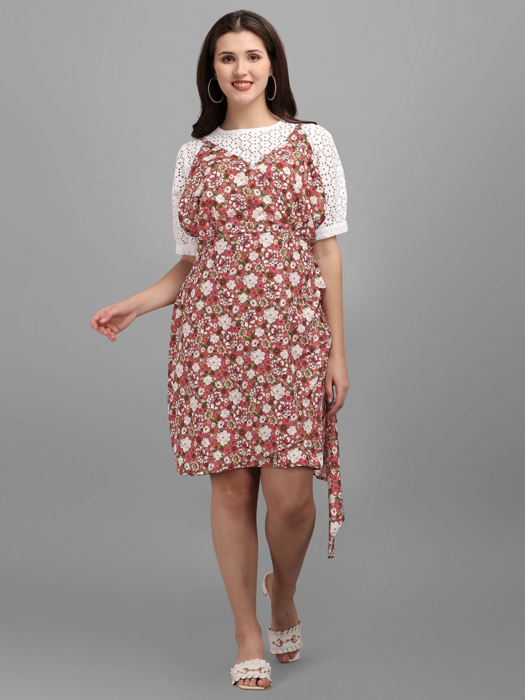 

GUFRINA Women Peach-Coloured & Off-White Floral Crepe Pinafore Dress