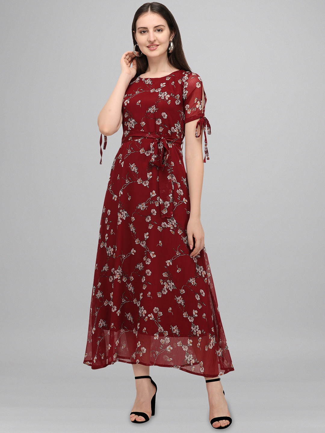 

Fashfun Maroon Printed Chiffon Maxi Dress