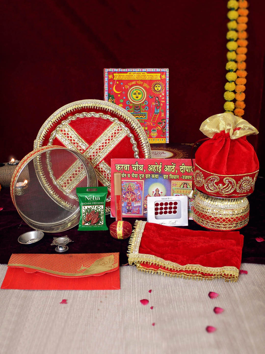 

TIED RIBBONS Red Karwachauth Thali Set With Cover & Pooja Samagri, Rust