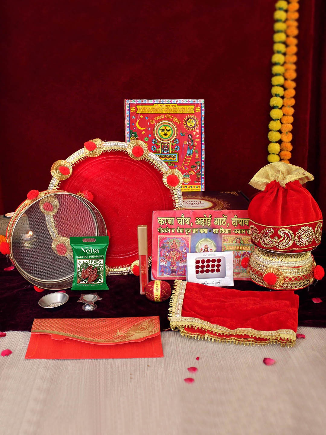 

TIED RIBBONS Red Karwachauth Thali Set With Cover & Pooja Samagri