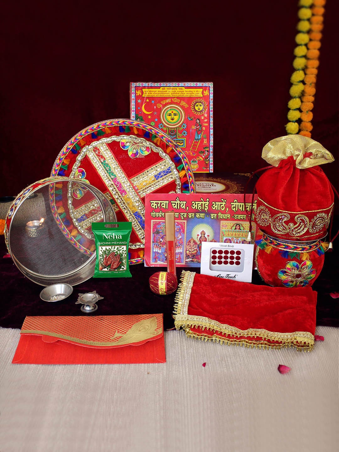 

TIED RIBBONS Red Karwachauth Thali Set With Cover & Pooja Samagri