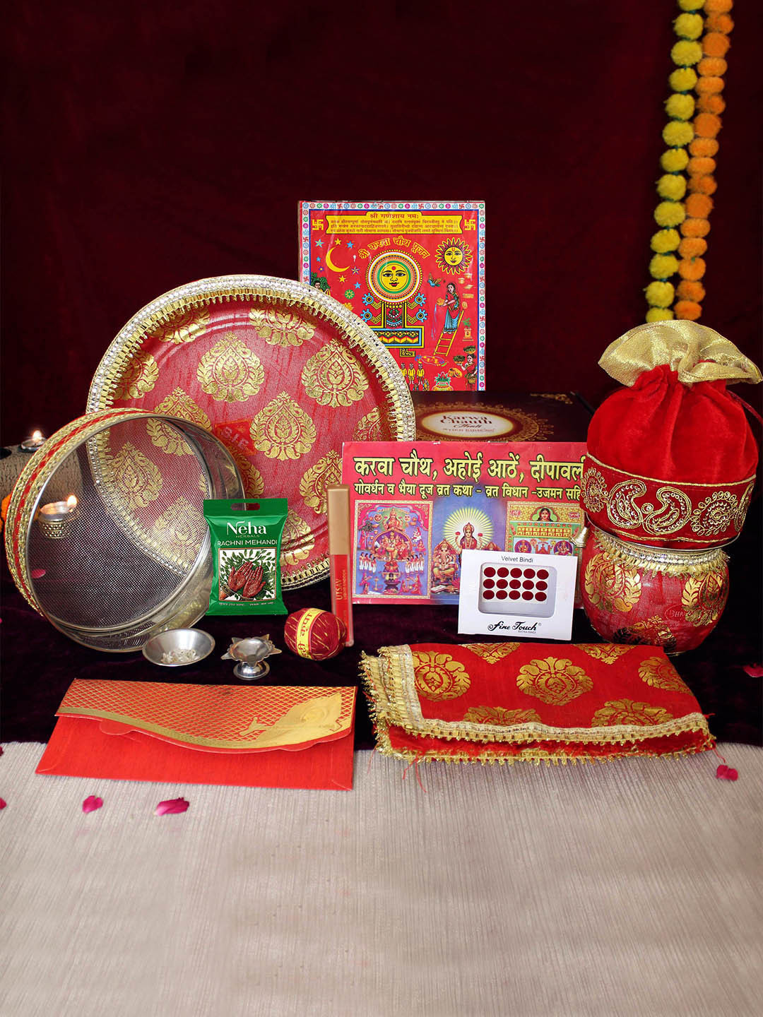 

TIED RIBBONS Red Karwachauth Thali Set With Cover & Pooja Samagri