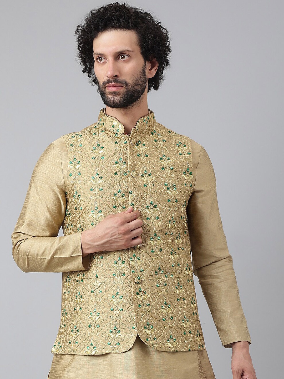 

Hangup Men Khaki-Colored Embroidered Nehru Jackets