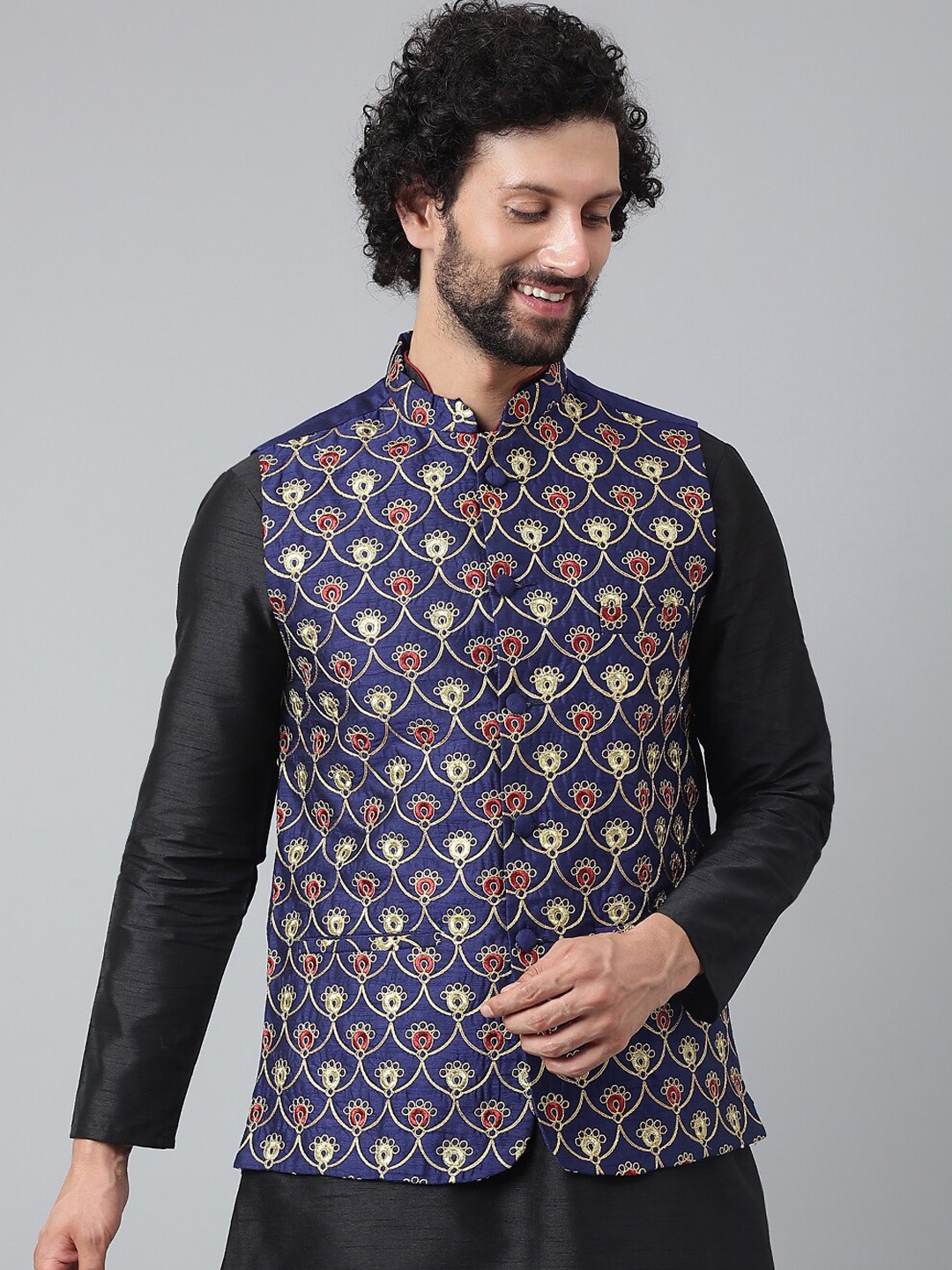 

Hangup Men Blue Embroidered Nehru Jackets