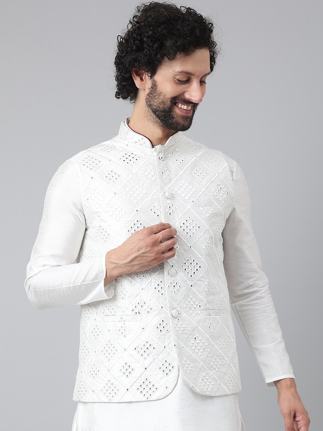 

Hangup Men White Embroidered Nehru Jackets