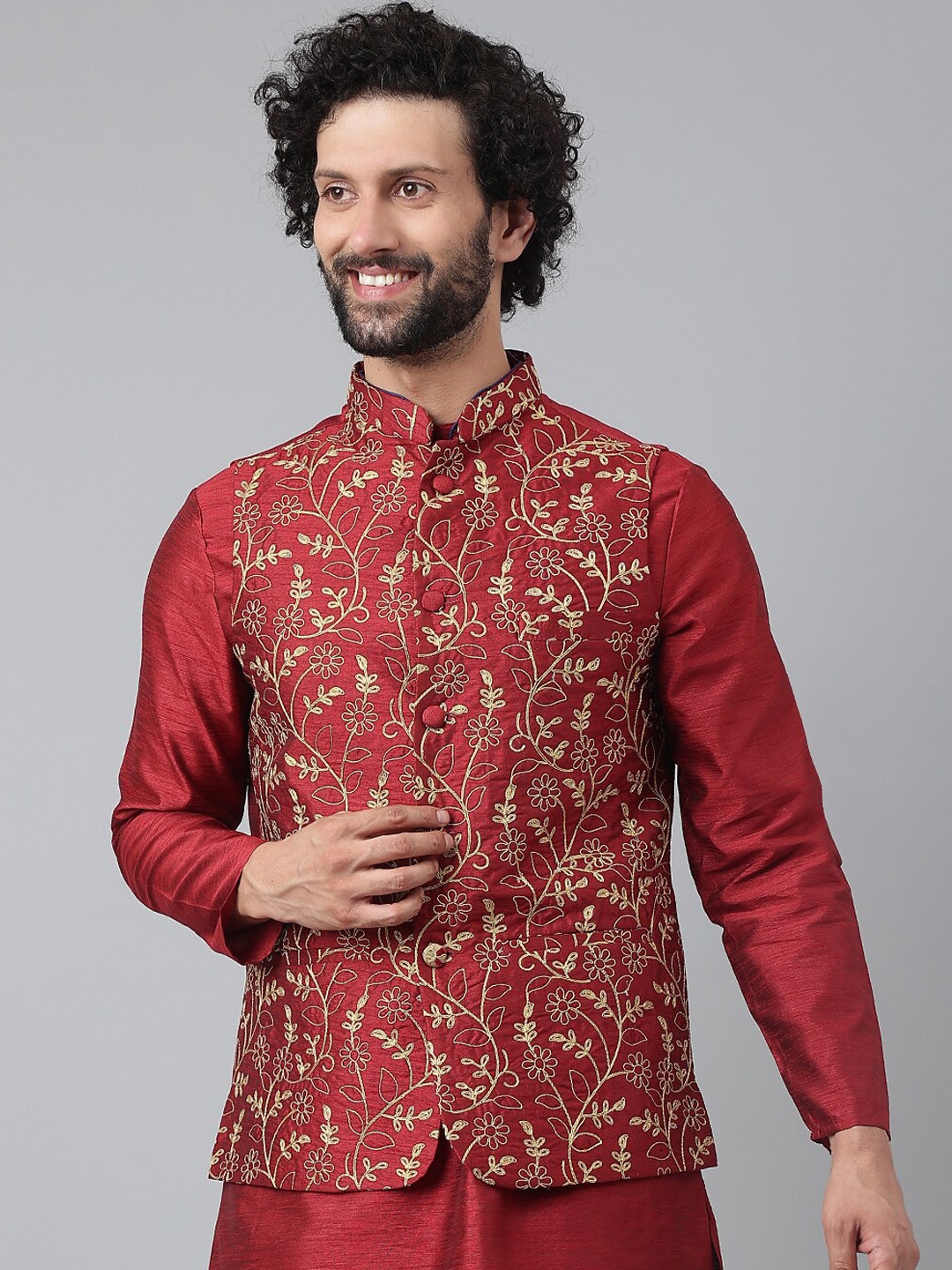 

Hangup Men Red Embroidered Nehru Jackets