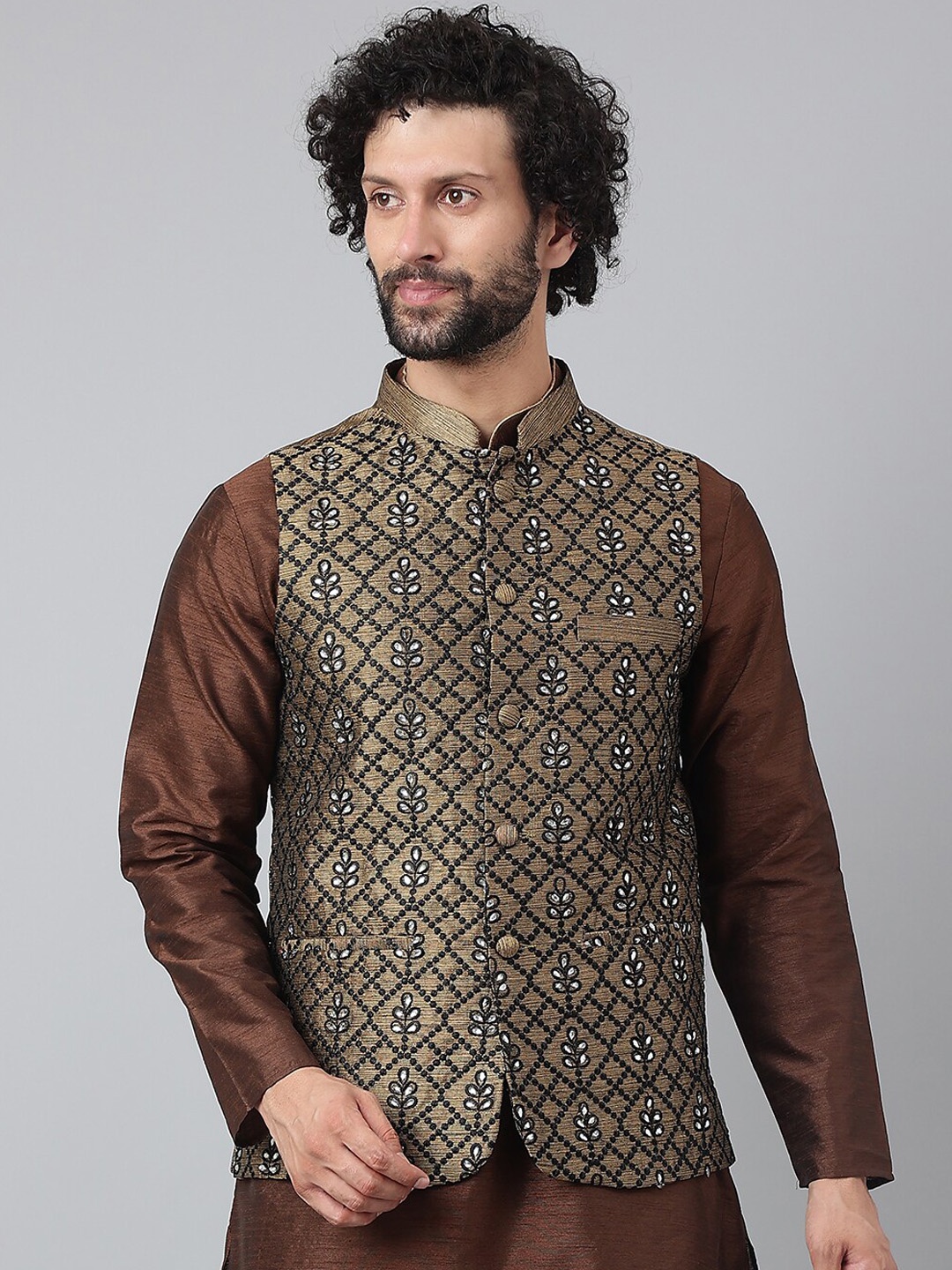 

Hangup Men Brown Embroidered Nehru Jackets
