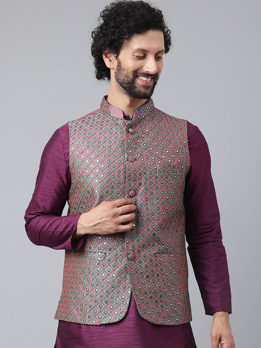 

Hangup Men Purple Embroidered Nehru Jackets
