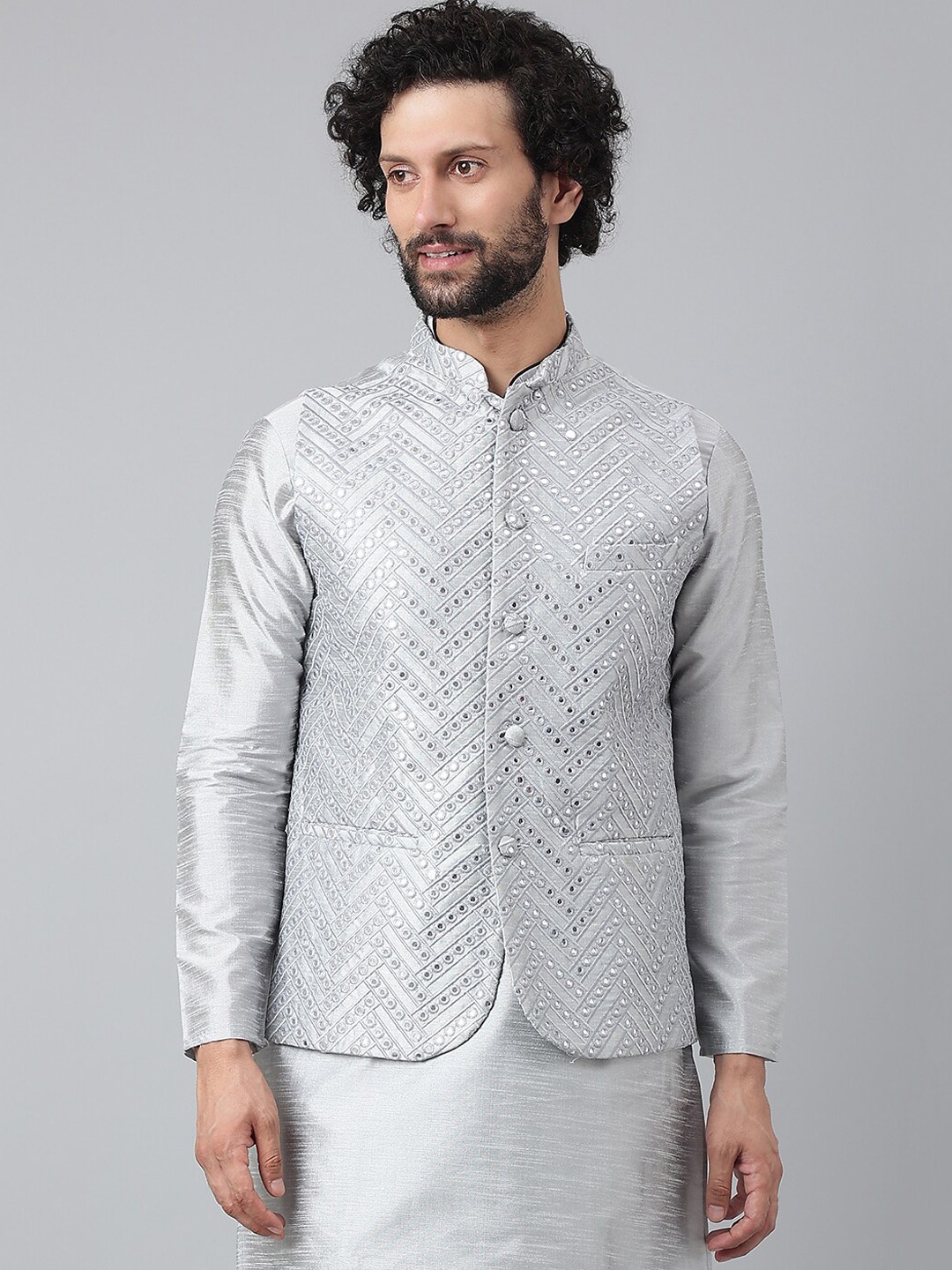 

Hangup Men Grey Embroidered Nehru Jackets