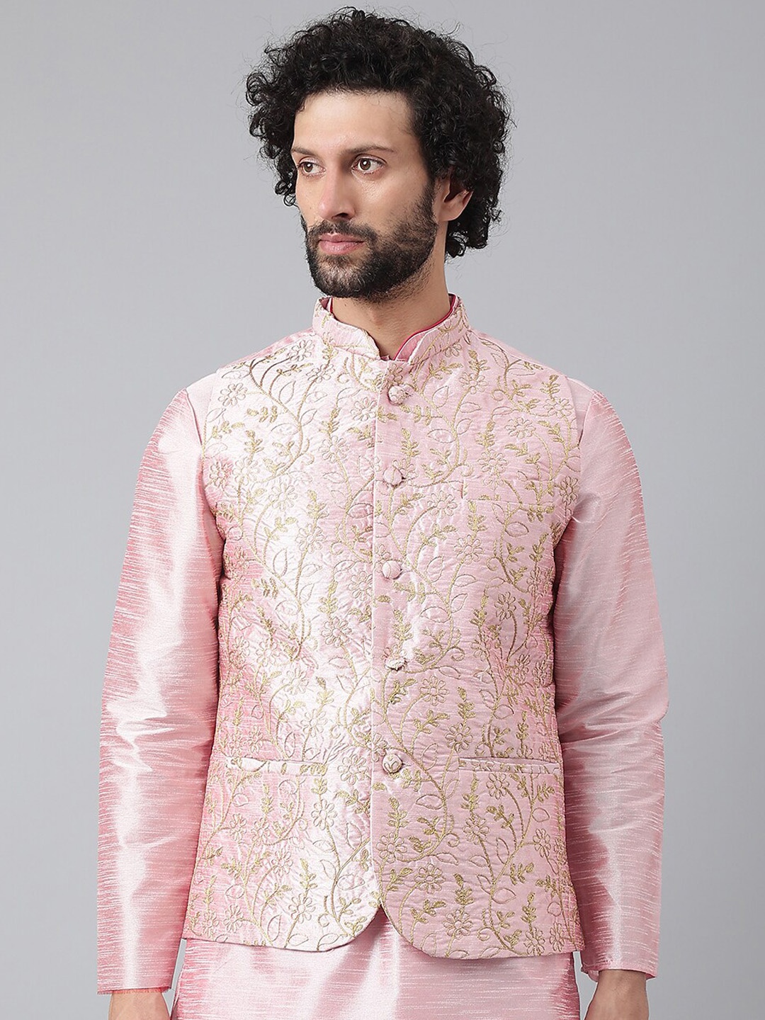 

Hangup Men Pink Embroidered Nehru Jackets