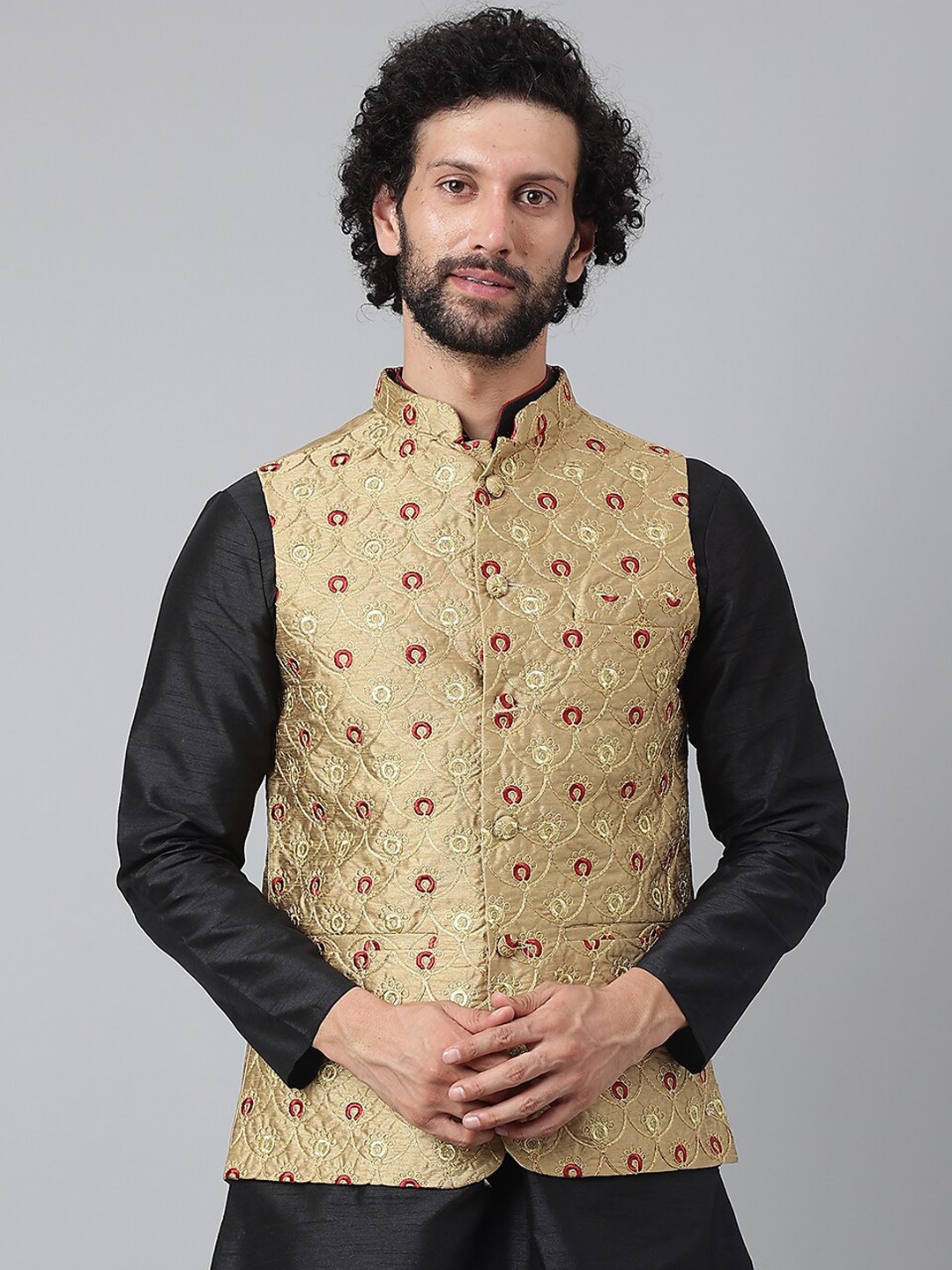 

Hangup Men Khaki-Colored Embroidered Nehru Jackets