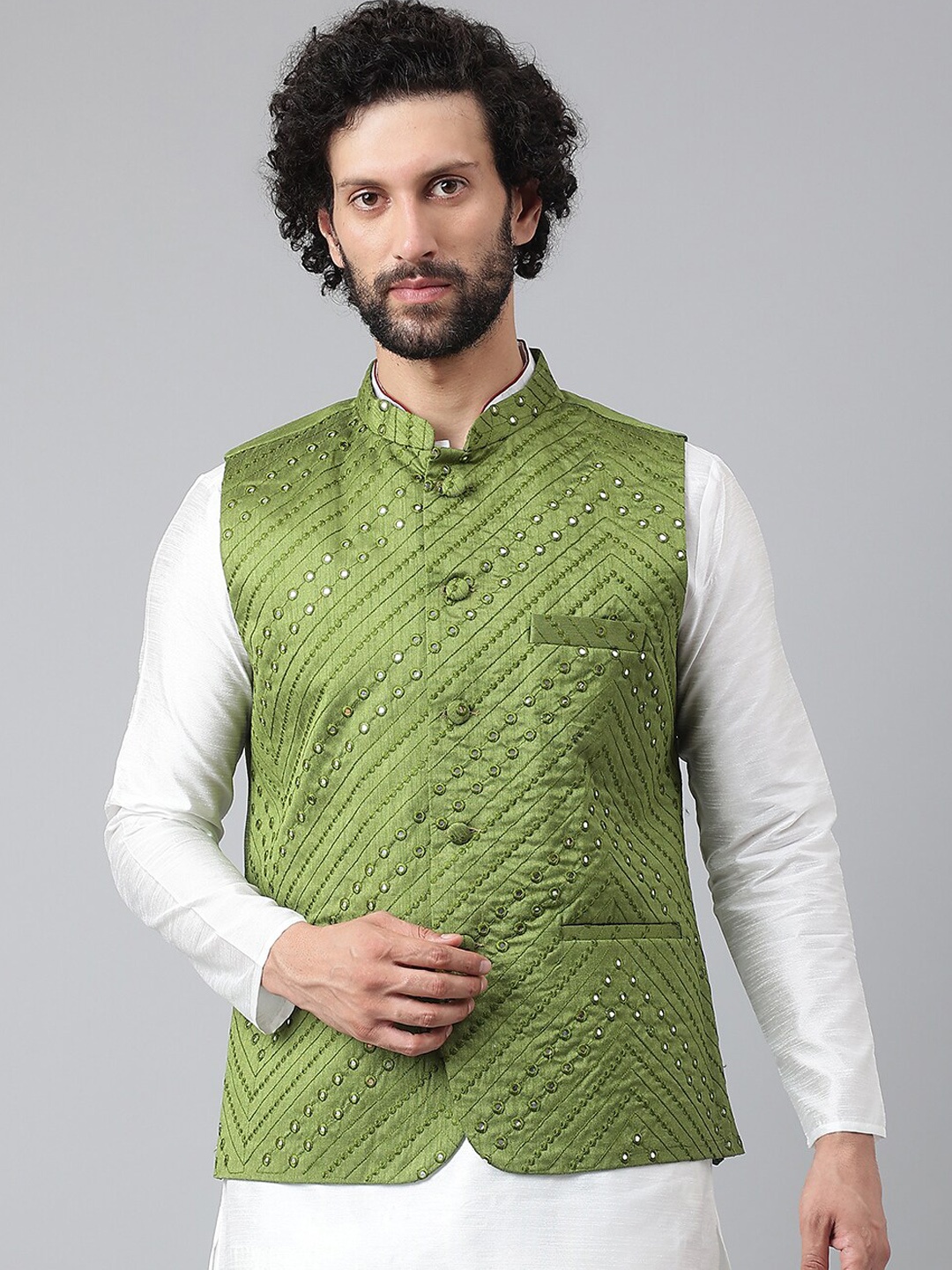 

Hangup Men Green Embroidered Nehru Jackets
