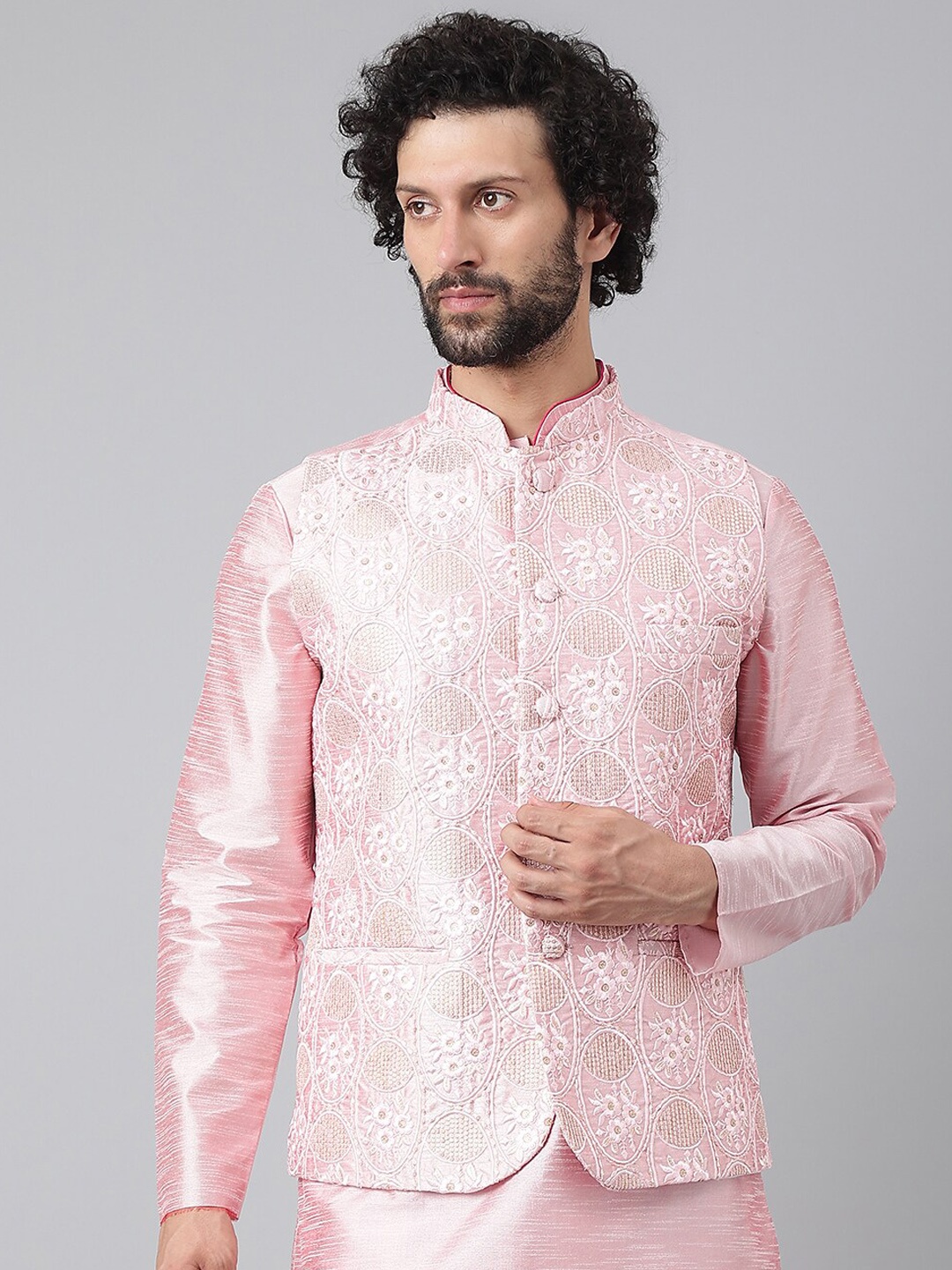 

Hangup Men Pink Embroidered Nehru Jackets