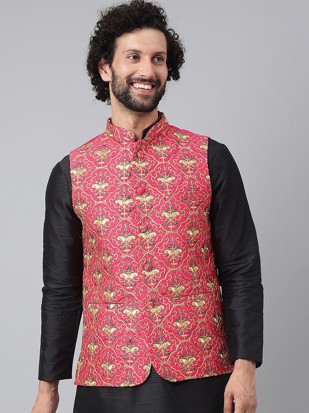 

Hangup Men Pink Embroidered Nehru Jackets