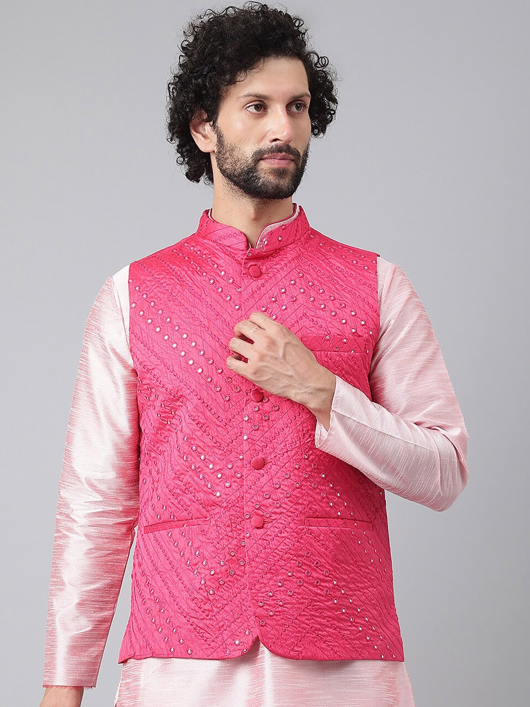 

Hangup Men Pink Embroidered Nehru Jackets