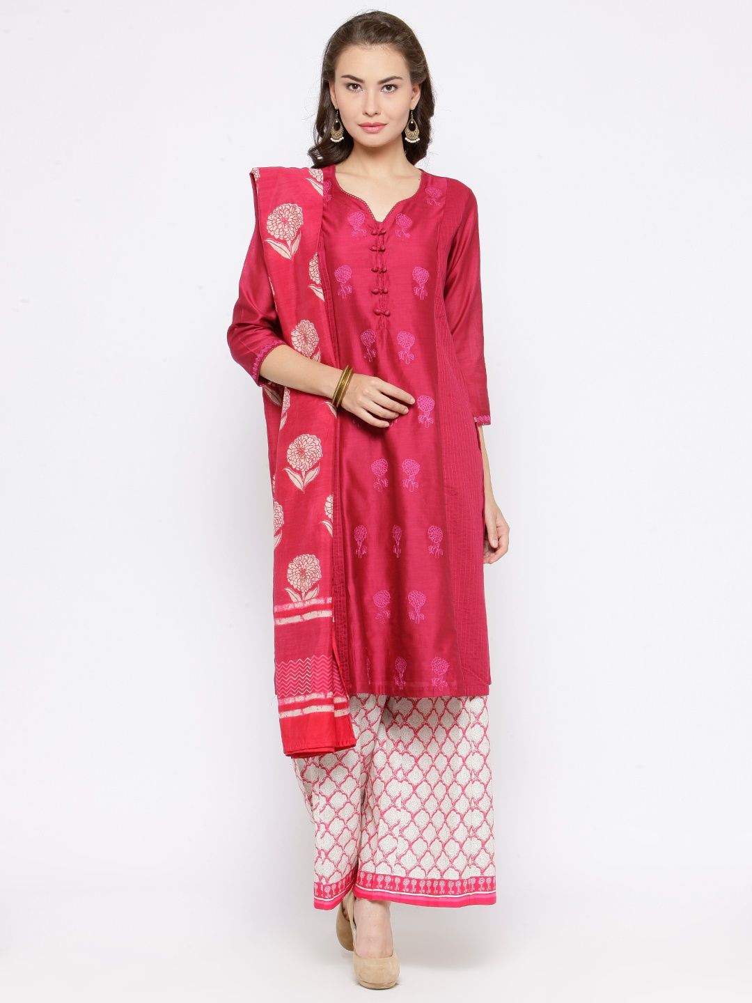 

Biba Women Magenta & Off-White Embroidered Kurta with Palazzos & Dupatta