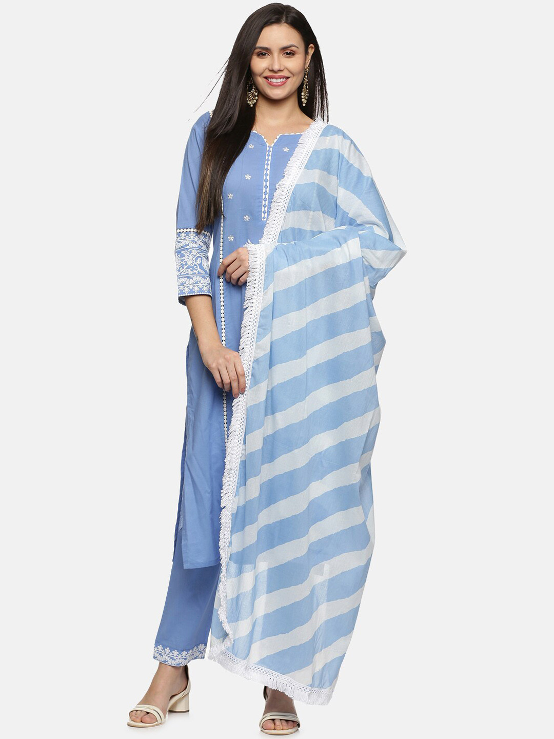 

Palakh Women Blue Floral Embroidered Pure Cotton Kurta with Trousers & With Dupatta