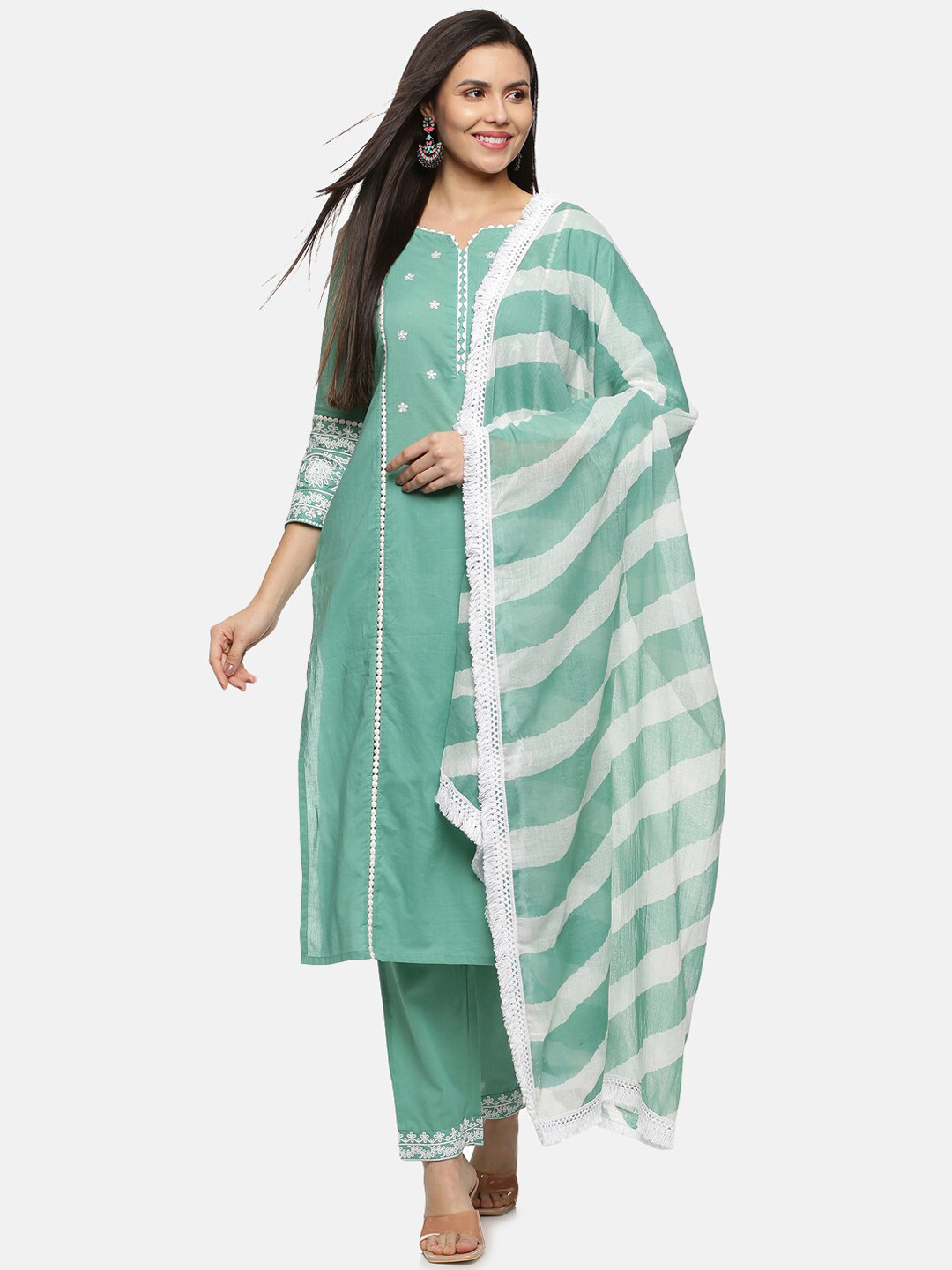 

Palakh Women Green Floral Embroidered Thread Work Pure Cotton Kurta with Trousers & With Dupatta