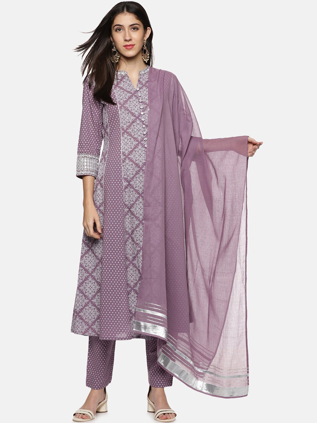 

Palakh Women Purple Floral Printed Pure Cotton Kurta with Trousers & With Dupatta