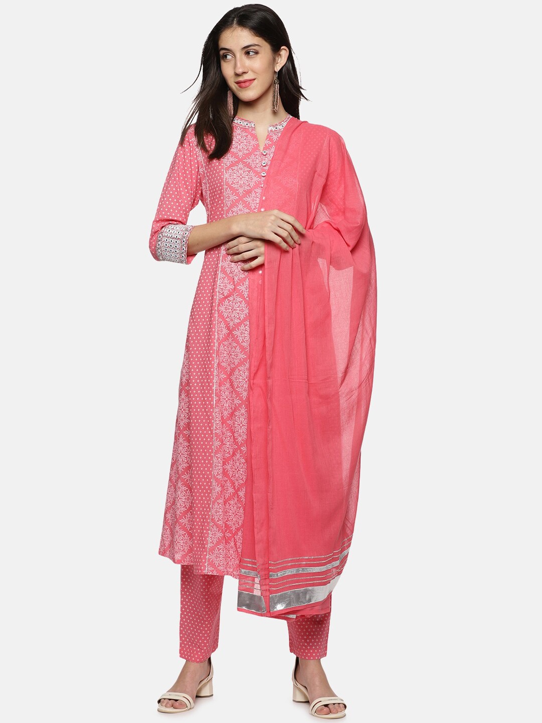 

Palakh Women Pink Floral Printed Pure Cotton Kurta with Trousers & With Dupatta