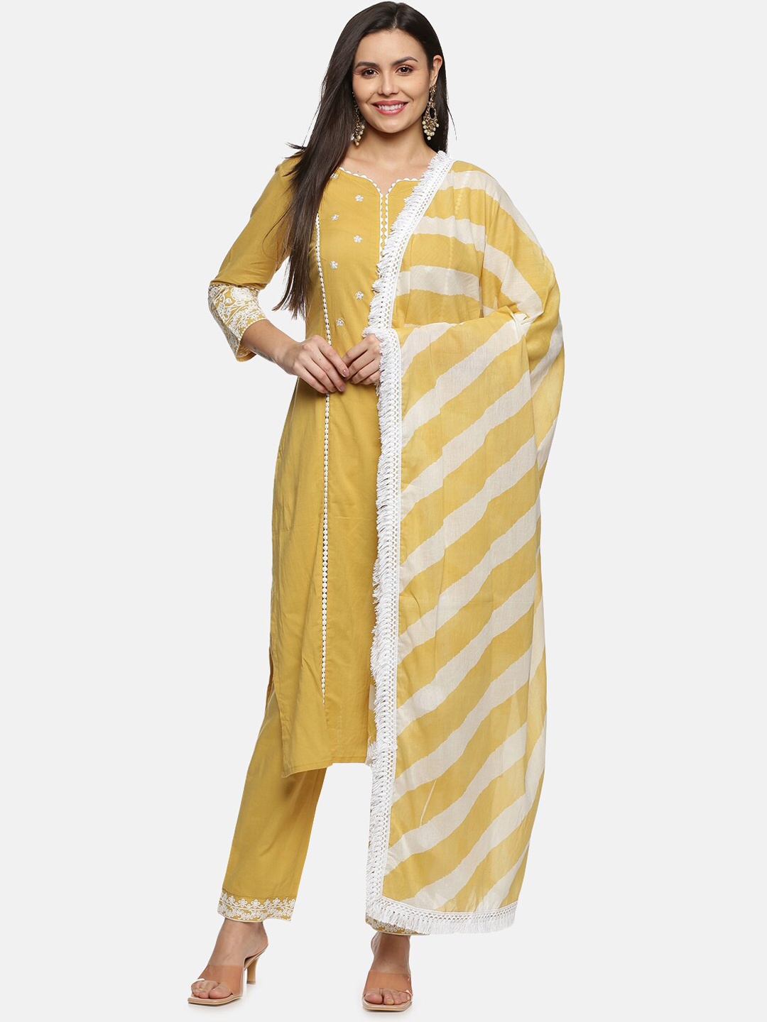 

Palakh Women Mustard Yellow Floral Embroidered Pure Cotton Kurta Trouser With Dupatta